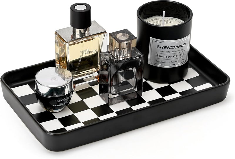 Pottify 10"×6"×1" Texture Checkered Surface Bathroom Vanity Tray for Countertop- Ceramic Decorative Organizer Tray for Dresser Top, Toilet, Perfume, Sponge Holder Soap Dish Dispenser for Kitchen Counter - Image 1